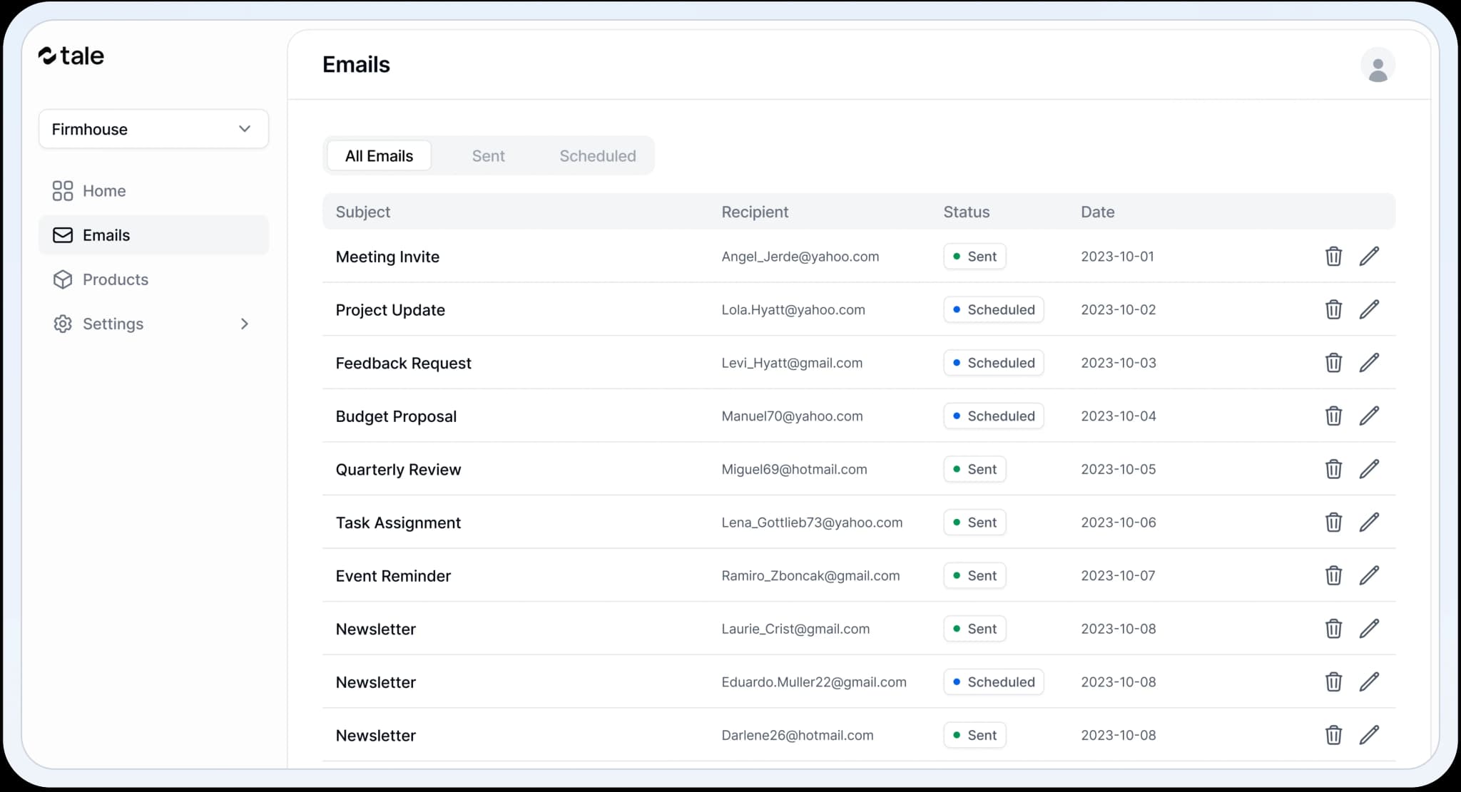 Tale email dashboard interface