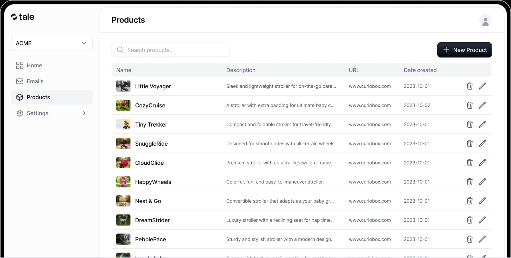 Tale products dashboard interface