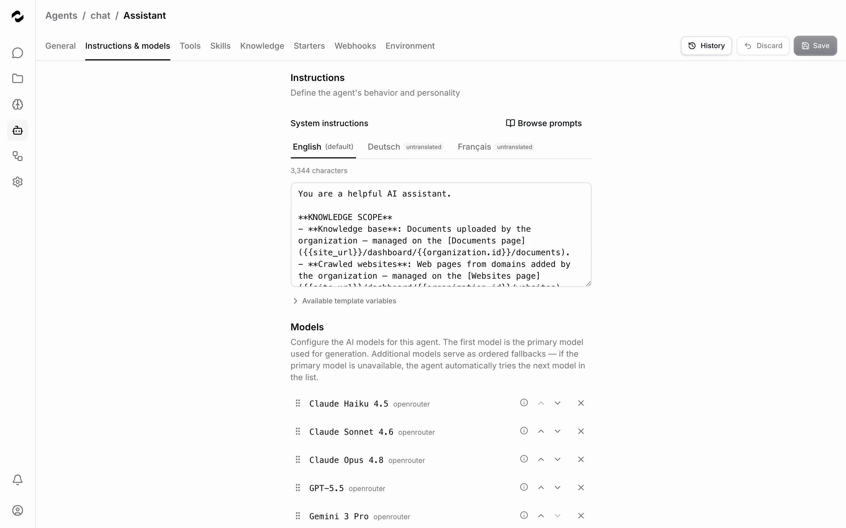 Der Tab Anweisungen & Modelle im Agent-Editor mit dem Feld für den System-Prompt und der geordneten Modellliste für den Assistenten-Agent.