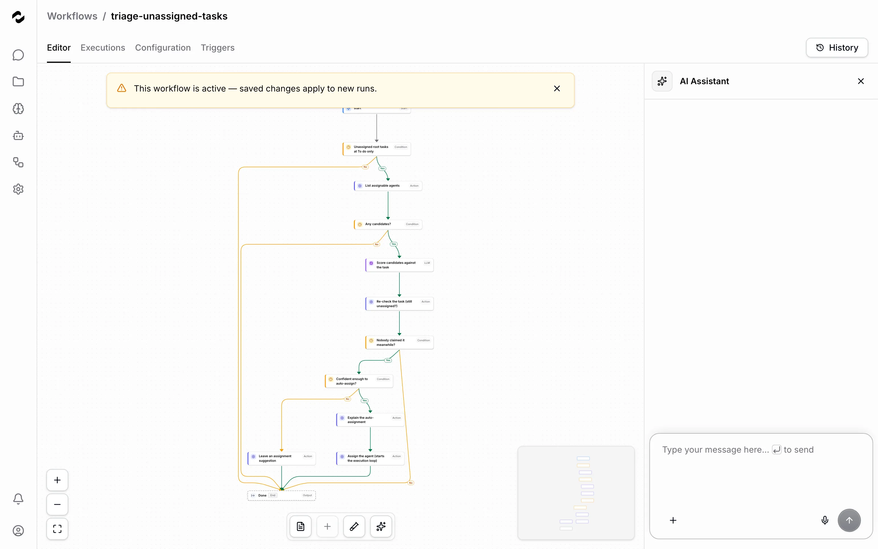 Der Workflow-Editor mit einem Schritt-Graphen auf der Leinwand und rechts dem geöffneten Panel des KI-Editors, in dem vorgeschlagene Workflow-Änderungen zur Genehmigung erscheinen.