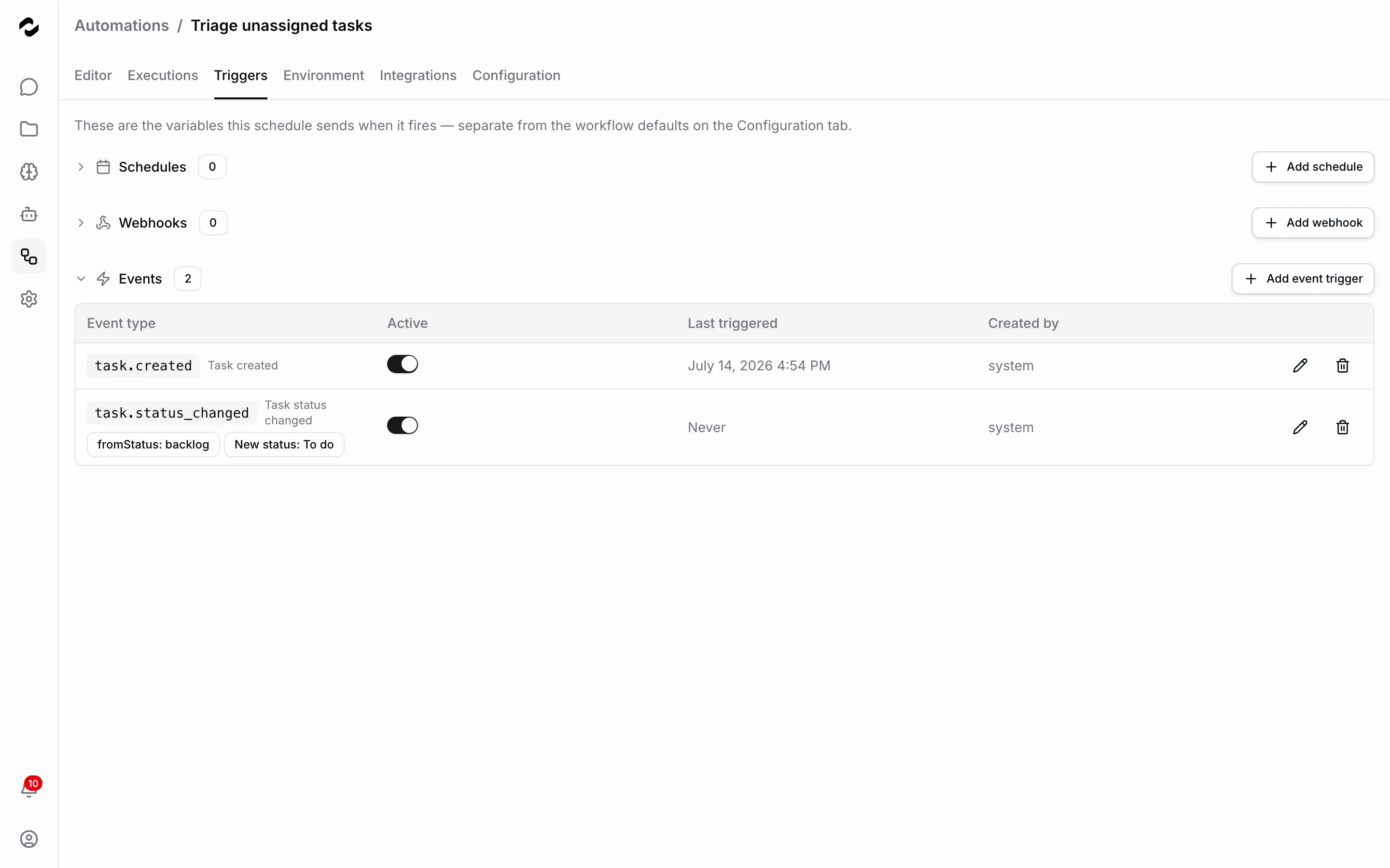 Der Trigger-Tab einer Automatisierung mit eingeklappten Abschnitten für Zeitpläne und Webhooks und einem ausgeklappten Ereignisse-Abschnitt mit einer task.created-Trigger-Zeile.