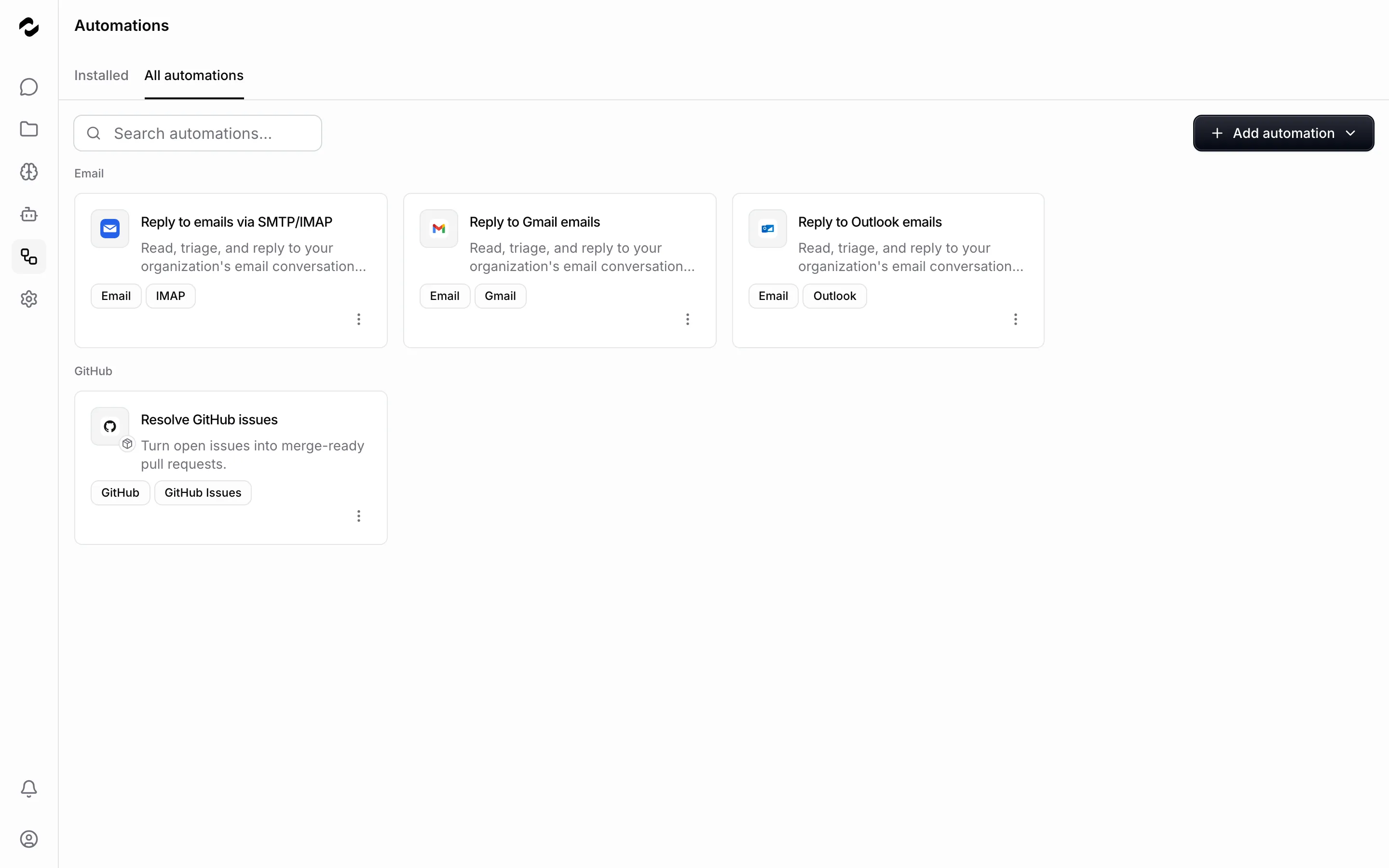 The Automations catalog on the All automations tab, showing cards for the three email automations and the Resolve GitHub issues bundle, each with its icon and description.