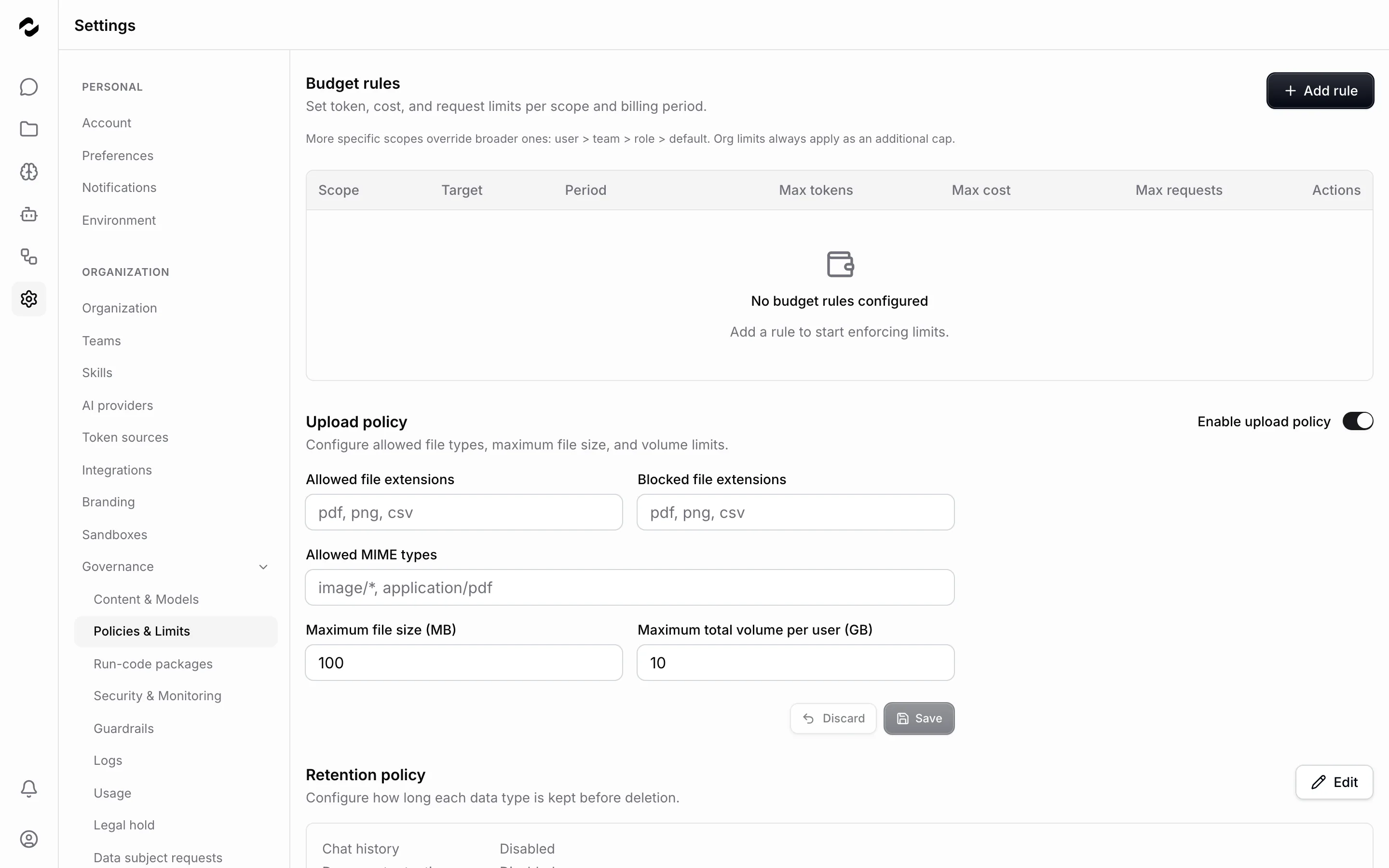 The Policies and Limits governance page showing an empty budget-rules table above the upload-policy fields for allowed file types, sizes, and volume.