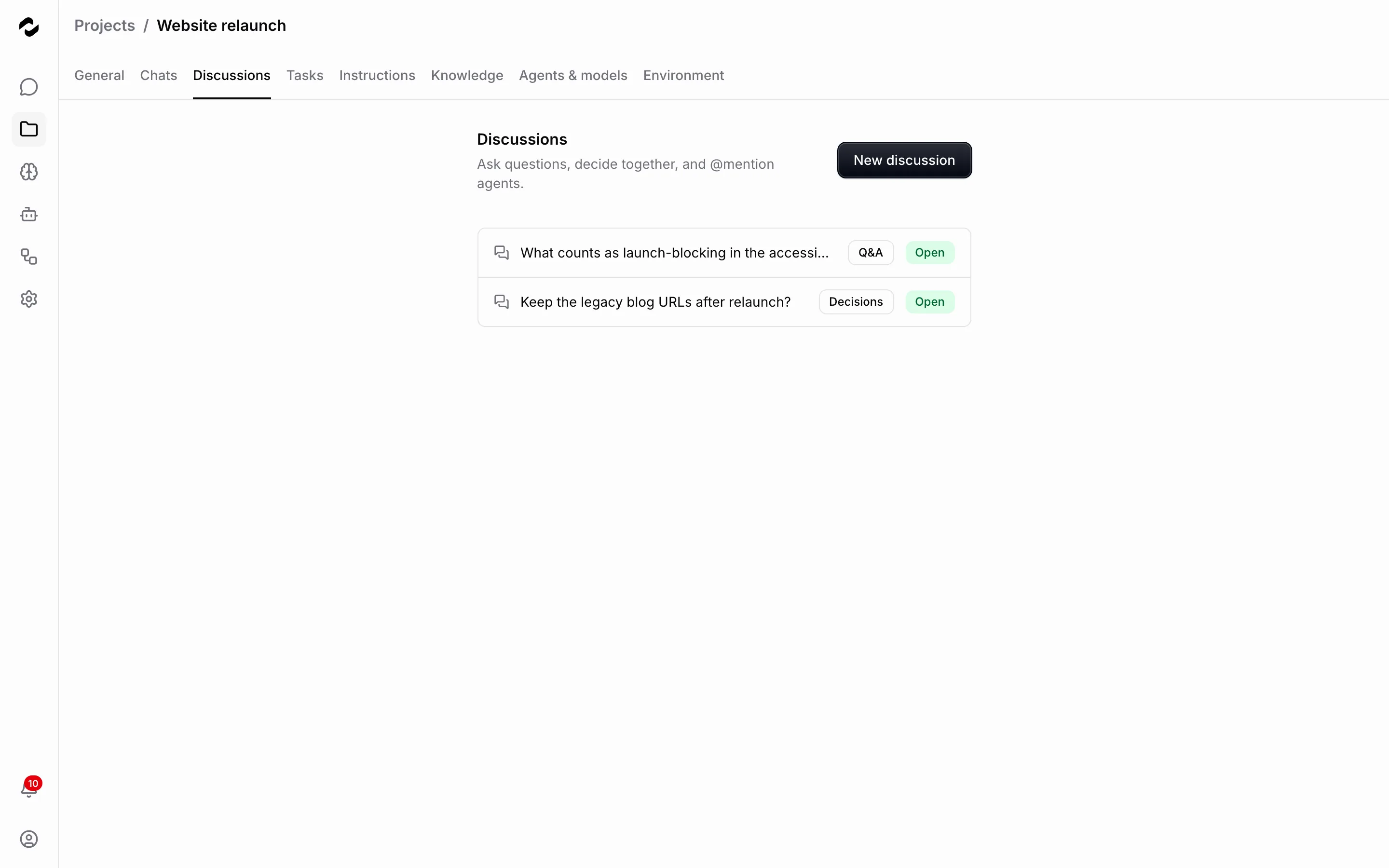 The Discussions tab of the Website relaunch project listing two open discussions, one tagged Q&A and one tagged Decisions.