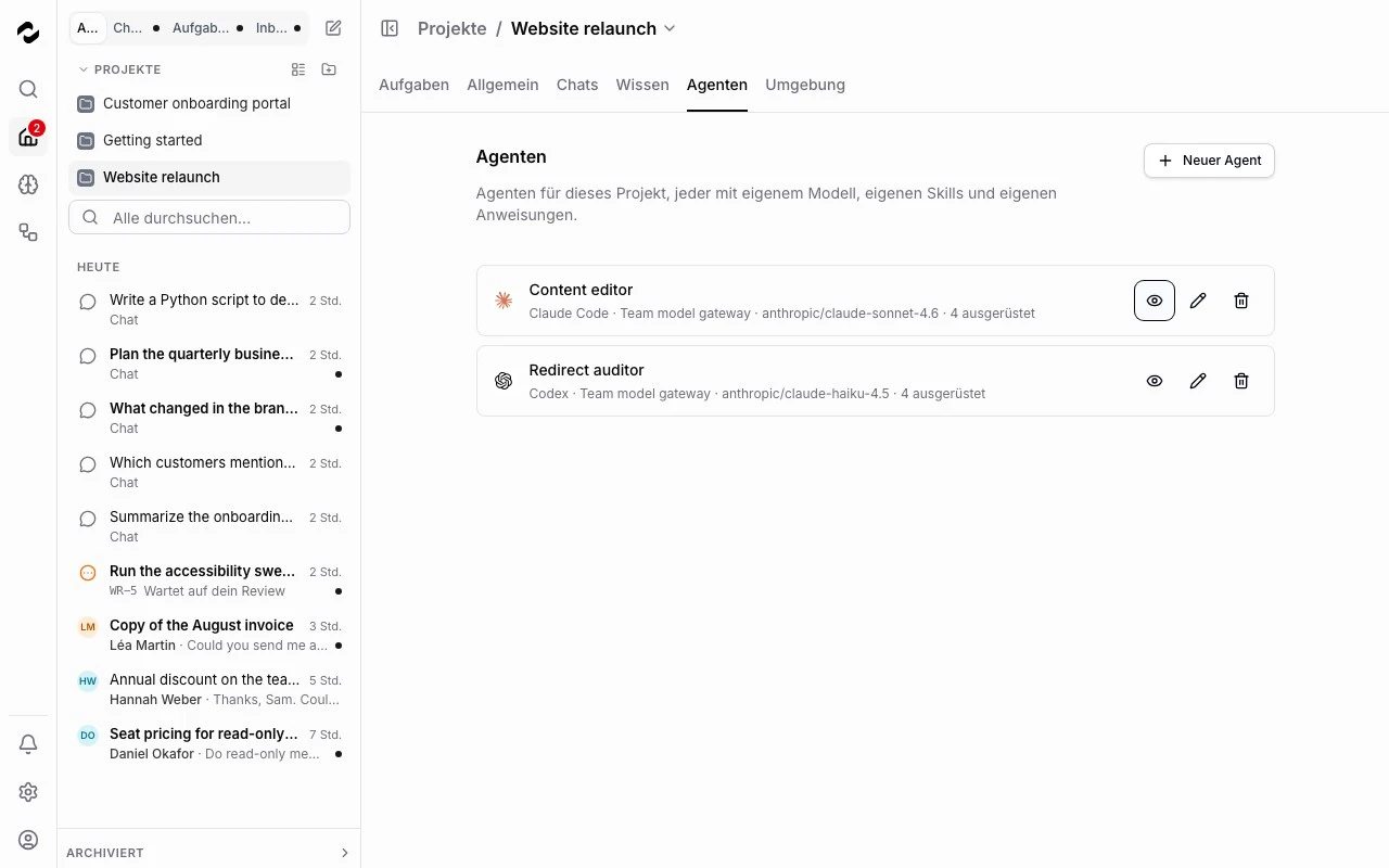 Der Tab Agenten eines Tale-Projekts zum Prüfen der Konfiguration eines Agenten.