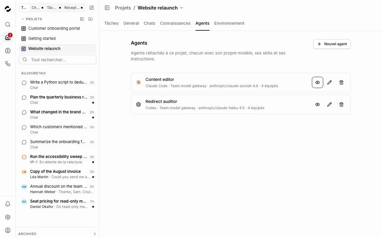 L’onglet Agents d’un projet Tale pour examiner la configuration d’un agent.