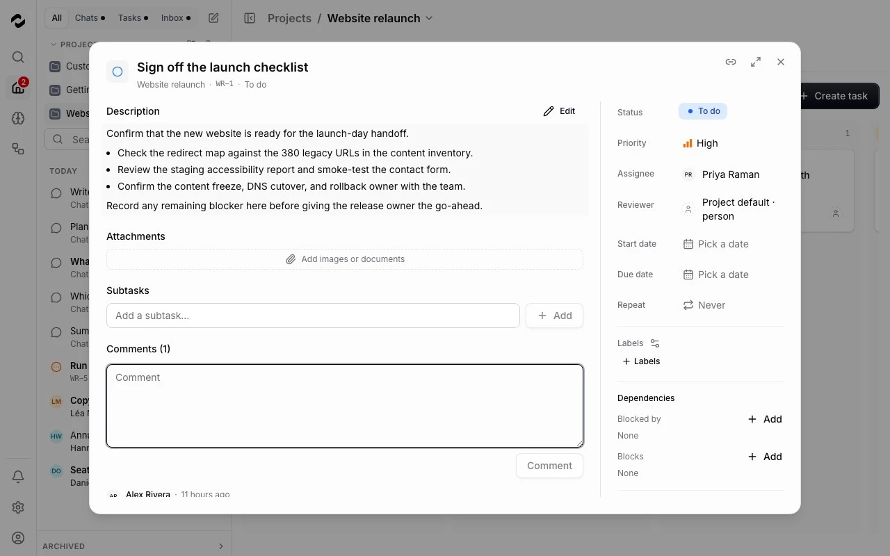 Tale task workspace for reviewing a launch brief and discussing the next step.