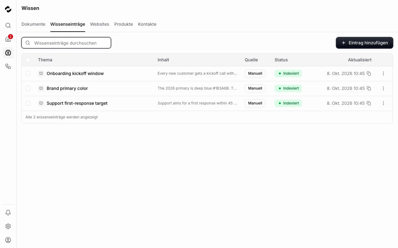 Die Tale-Wissensbibliothek zeigt gemeinsame Einträge zum Onboarding, zur Marke und zum Support.