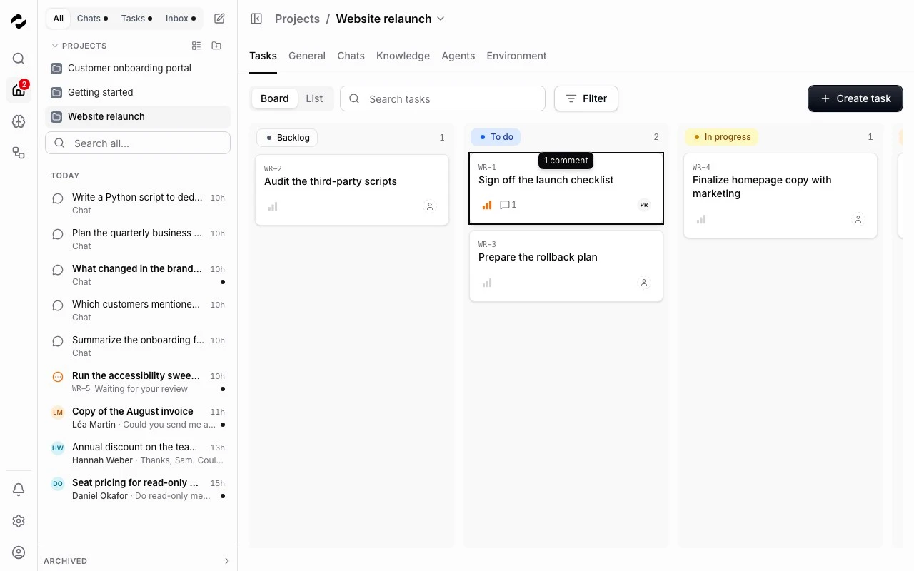 Tale project task board showing tasks, their status and assignee details.