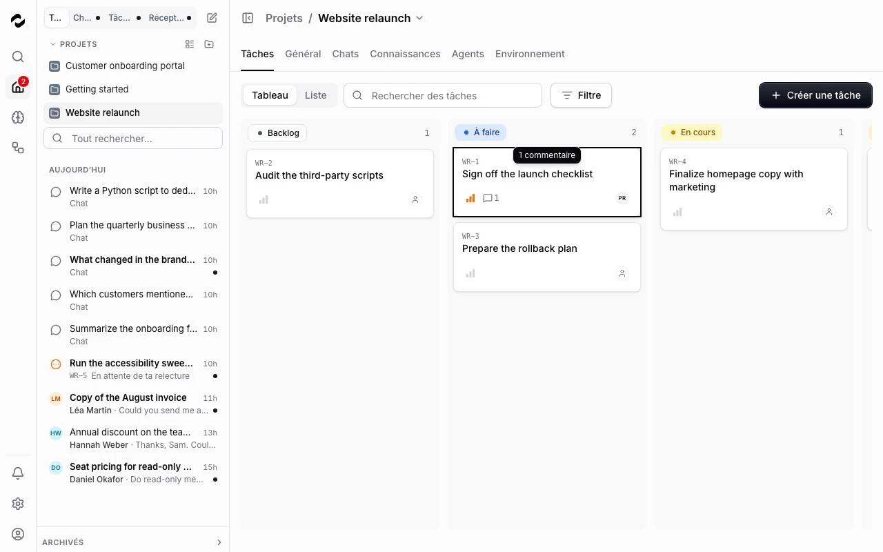 Le tableau des tâches d’un projet Tale affiche les tâches, leur statut et la personne responsable.